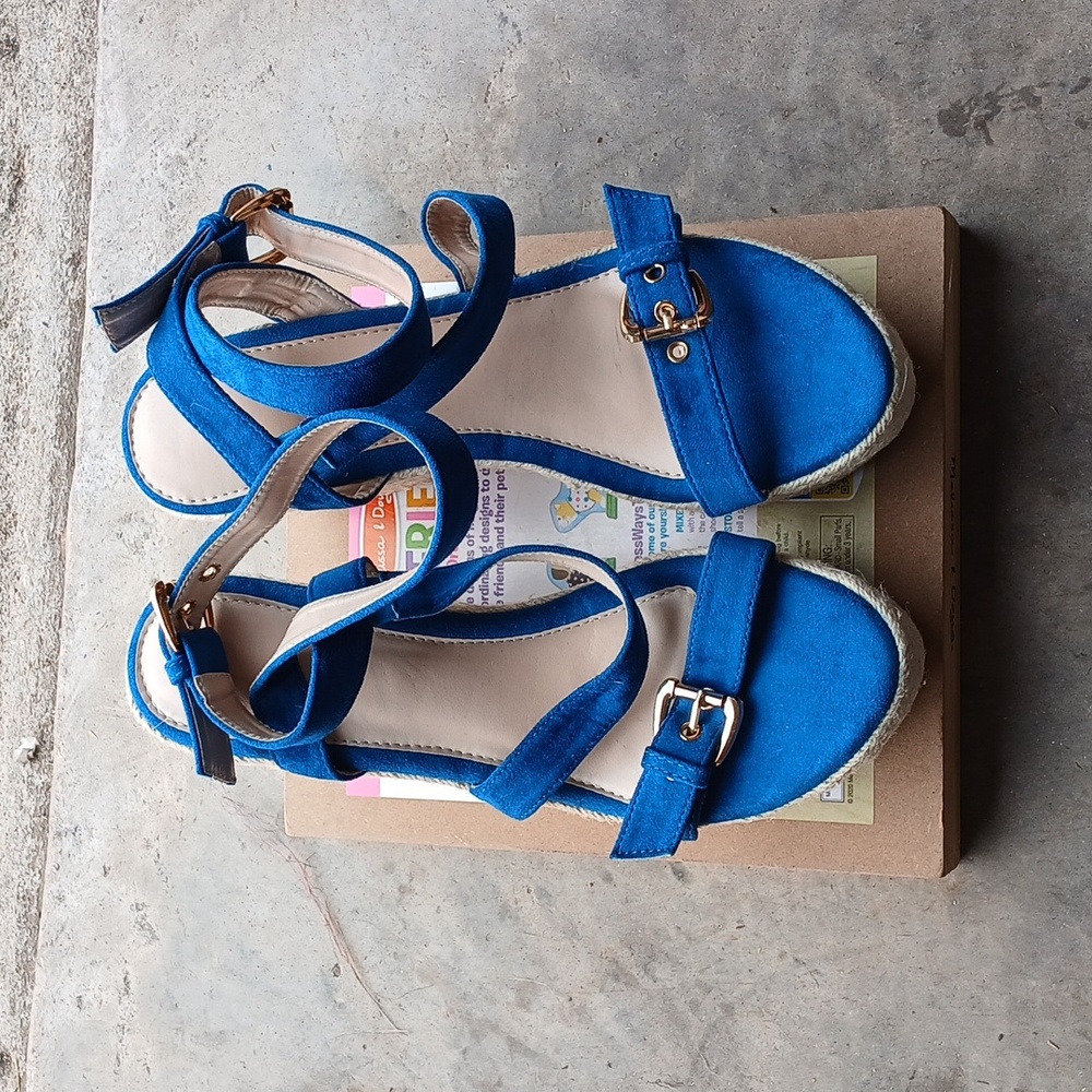Blue Suede Espadrille Wedge Platform High Heeled Metal Buckle Sandals (New)